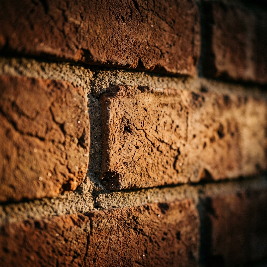 Handmade terracotta exposed brick cladding wall with warm golden raking light