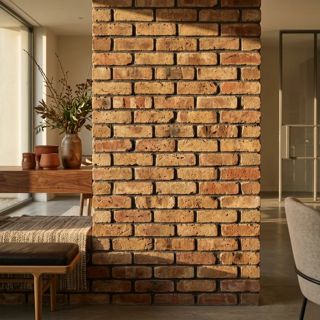 Textured handmade terracotta brick cladding on an interior feature wall with warm amber tones