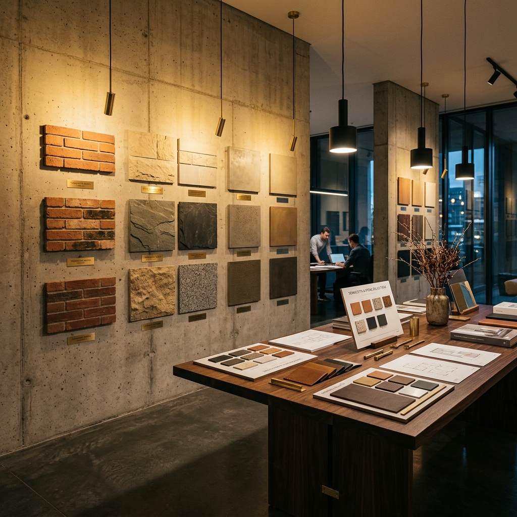 CEROLITH showroom with curated material samples of brick, stone and concrete in warm atelier lighting