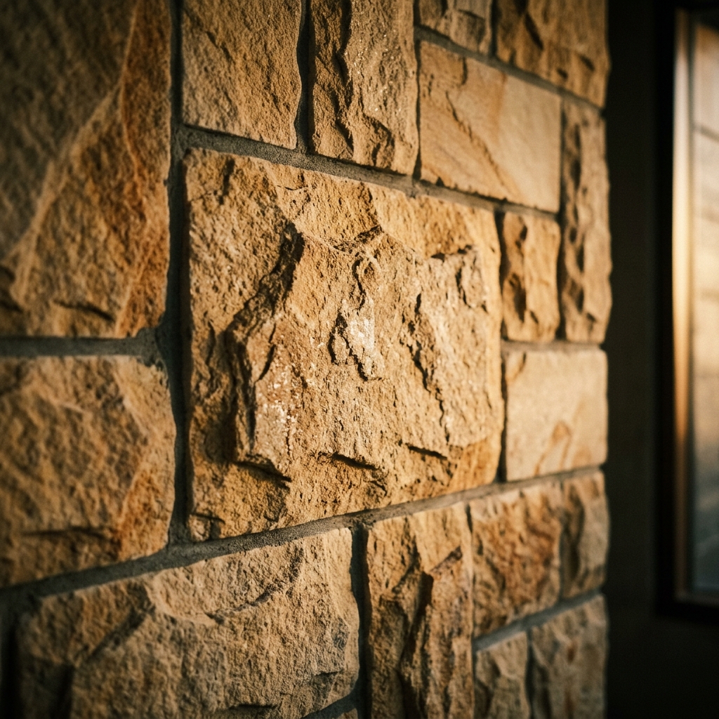 Natural sandstone wall cladding with split-face texture in warm ochre tones